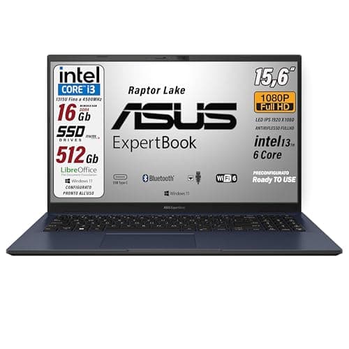 ASUS Expertbook, PC Portatile, cpu Intel Core i3 13Th 6Core, RAM 16 Gb, SSD PCIe Nvme 512 Gb, 15,6" FullHD antiriflesso, Wi-Fi 6, 4 USB, BT, lan, Intel Uhd, Win 11, preconfigurato