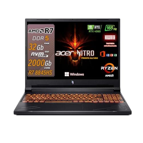 acer Nitro V16 Notebook, pc portatile Gaming Ryzen 7 8845HS, Ram 32Gb DDR5 Ssd 2 Tb NVMe, Display 16" WUXGA IPS 165 Hz, NVIDIA GeForce RTX 4060 8 GB, tastiera retroilluminata, Windows 11 Pro