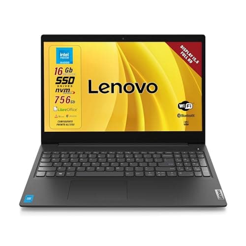 Lenovo, Pc portatile notebook pronto all'uso, Display FHD da 15,6", cpu N4500, ram 16Gb, sshd 756Gb, W11, computer portatile con pacchetto Libre
