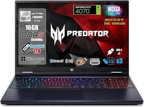 acer Notebook Gaming Predator Helios Neo 16, Processore Intel Core i9-14900HX, RAM 16 GB DDR5, SSD 1TB PCI,Display 16" WQXGA IPS 240Hz, NVIDIA GeForce RTX 4070 8GB GDDR6, Sistema Operativo Windows 11