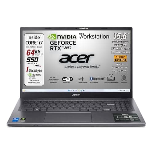 acer Notebook Workstation Intel Core i7-1255U, 10 Core 4,7 Ghz, RAM 64 GB, SSD 1Tb, 15.6" FullHD IPS, GeForce RTX 2050, Tastiera Retroilluminata, Finger, Wi-Fi 6, LAN, Win 11 Pro - Pronto all'Uso