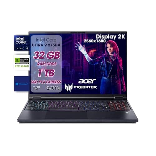 Acer Predator Helios Neo 16 AI Pc Gaming, Notebook Gaming Ultra 9 275HX, 32GB RAM DDR5, SSD 1TB PCIe, Display 16" WQXGA 240Hz, nVIDIA GeForce RTX 5070 Ti 12GB GDDR7, Laptop Gaming Tastiera RGB, W11