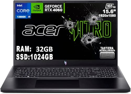 acer Nitro V 15 Notebook Gaming, Processore Intel Core i9-13900H, Ram 32 GB DDR5, 1024 GB SSD, Display 15.6" FHD IPS 165 Hz LED LCD, NVIDIA GeForce RTX 4060 8 GB, Windows 11 Pro