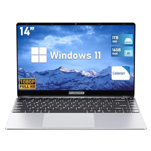 FUNYET Laptop da 14,1 pollici, Celeron N5095 (4-core, 4-thread, fino a 2,9Ghz), Win11 portatile, 16GB RAM+1TB SSD IPS FHD 1920 * 1080,apertura e chiusura a 180°Laptop sottile e leggero,USB3.0, BT5.0