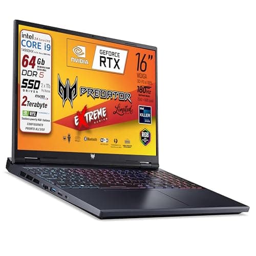 acer Predator Helios Neo Portatile Gaming, CPU Intel Core i9-14900HX, 24 core, RAM 64 Gb DDR5, 2 TB SSD, 2 x 1 Tb, Display 16" WQXGA IPS 180Hz, GeForce RTX 4060 8Gb GDDR6, Preconfigurato, Italia
