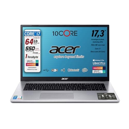 acer Notebook Aspire, Monitor Display 17.3" FullHD IPS, IntelCore i7-1255u, 10 Core, RAM 64Gb, SSD Pci Nvme 1Tb (2 x 512Gb), USB 3.2, Wi-Fi6, Lan 1Gbit, Win 11Pro - Pronto all'Uso