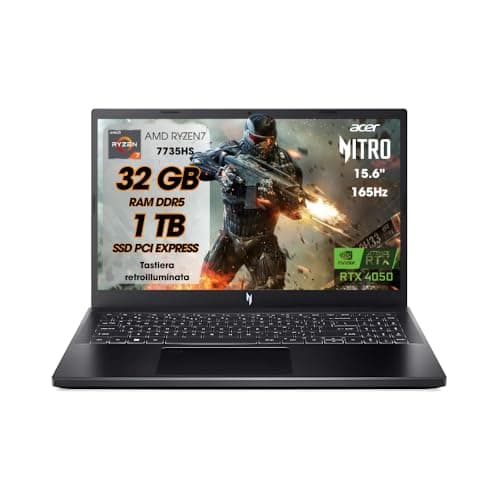 acer Nitro V15 Pc Gaming, Notebook Gaming AMD RYZEN7 7735HS, 32GB RAM DDR5, SSD 1TB, Display 15,6" FHD IPS 165 Hz, NVIDIA GeForce RTX 4050 (6 GB GDDR6), Tastiera Retroilluminata, Laptop Gaming