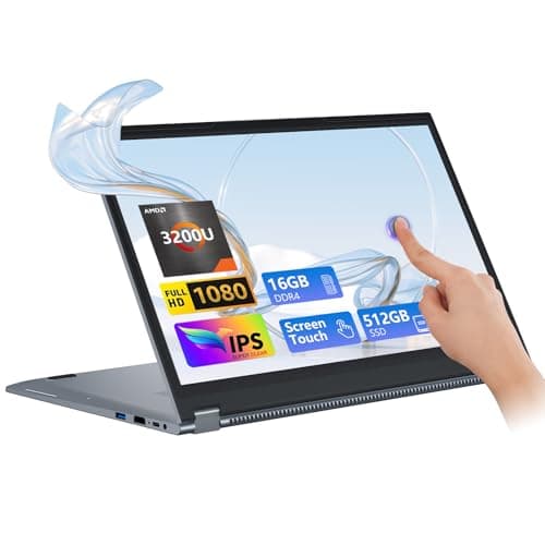 PC Portatile 15,6 Pollici, Computer Portatile 2 in 1,16GB RAM 512GB SSD, AMD R3 3200U Laptop gaming, Schermo Touch IPS FHD 1920x1080 Rotazione a 360°, Supporto USB Mini-HDMI Type-C, Per Studio Lavoro