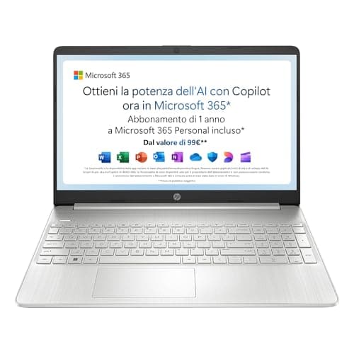 HP Laptop 15s-fq3003sl, Notebook, Intel Celeron N4500, RAM 4GB DDR4, SSD 128 GB, Grafica Intel UHD, Schermo 15.6” FHD Antiriflesso, Webcam 720p, Win11S, Microsoft 365 Personal 12 mesi incluso, Argento
