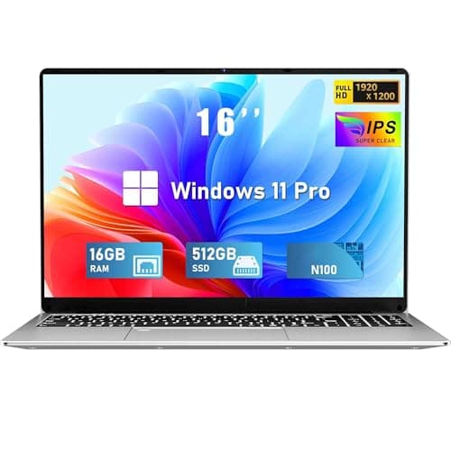 2025 PC Portatile 16'' Celeron N100 Core 3.4GHz Laptop RAM 16 GB DDR4 512GB SSD Win 11 Pro 6000mAh Battery Notebook FHD 1920×1200 USB3.0 BT5.0 WIFI 5 HDMI Doppio altoparlante Tastiera Retroilluminata