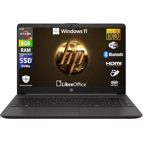 HP 255 G10, AMD Ryzen 3-7320u 4 Core 2.4 Ghz, Computer portatile Notebook Display 15.6" Full HD, Ram 8GB DDR4 256GB SSD, Windows 11 Pro, Pronto all'uso con Libre Office