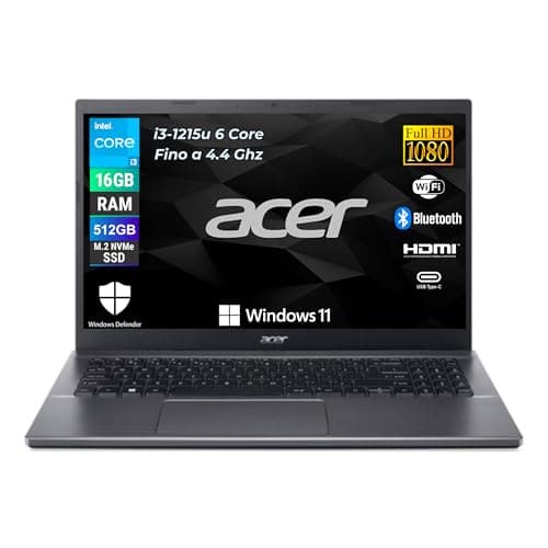 acer Extensa 15, Pc Portatile Intel i3-1215u 6 Core 3.3 Ghz, Ram 16Gb, SSD 512Gb, Display 15,6" FHD, Notebook con Win 11 Pro, Garanzia Italia