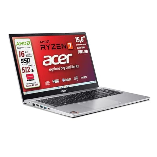 acer, notebook Portatile, Ryzen7 5700u, fino a 4,3 Ghz, Ram 16Gb, SSD PCI Nvme da 512Gb, Display Led 15,6" FHD, 4 usb, wi-fi 6, lan, bt, hdmi Win11, Preconfigurato, garanzia Italia