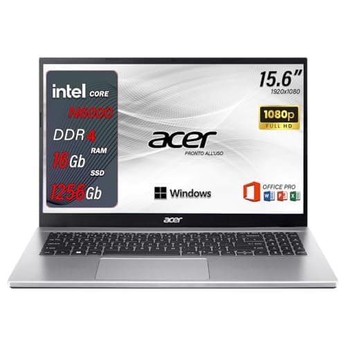 acer aspire 3 | Pc portatile, intel core N6000 | Ram 16 GB ddr4 | SSD 1256 GB | Silver | Display 15.6" FHD | BT | WiFi | Windows 11 Pro | Pacchetto Office Pro | Computer portatile Notebook