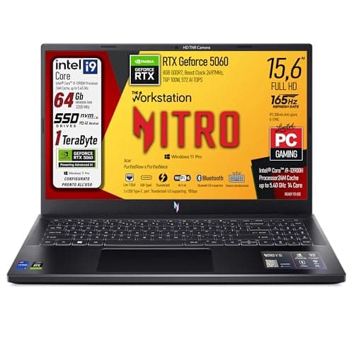 acer Notebook Gaming Nitro, Intel Core i9-13900H, fino a 5,4GHz, NVIDIA GeForce RTX 5060 8Gb GDDR7, RAM 64Gb, SSD 1Tb, 15.6" FHD IPS 165Hz, Wi-Fi 6e, Thunderbolt 4.0, Win 11 Pro, ready to use