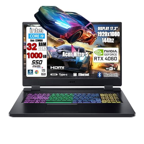 acer Notebook Nitro 5 • Portatile Gaming Processore Intel Core i9-12900H • RAM 32 GB DDR5 • SSD 1 Tb • Display 17.3" FULL HD IPS 144 Hz • NVIDIA GeForce RTX 4060 8 GB GDDR6 • Tastiera RGB