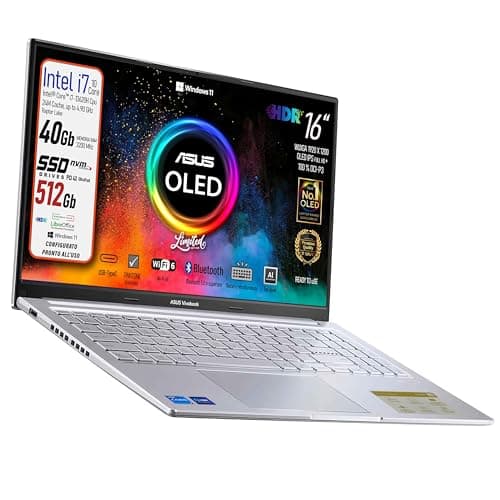 ASUS Notebok Vivobook OLED 16" pantone valitated, Intel I7 13620H, Ram 40Gb, SSDPci Nvme da 512Gb, Windows 11, wi-fi 6, webcam, Usb3.2, Hdmi, Bt5.3, Tastiera retroilluminata, Preconfigurato