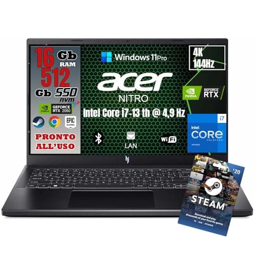 acer NITRO V15 Notebook Gaming, Processore Intel I7-13620H, RAM 16Gb Ddr5, 512Gb SSD, 15.6 144HZ IPS, Nvidia GeForce RTX 2050 4 GB GDDR6, Win 11 Pro, Tastiera Retroilluminata, Preconfigurato.