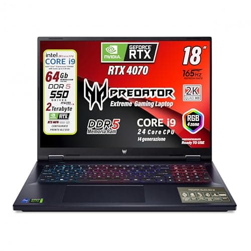acer Predator Helios Neo Notebook Gaming, Intel Core i9-14900HX, 24core fino a 5,8 GHz, RAM 64Gb DDR5, 2Tb SSD, Display 18" WQXGA IPS 165Hz, DCI-P3 al 100%, RTX 4070, Win 11, Preconfigurato