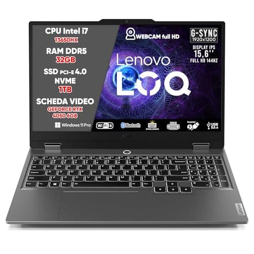 Lenovo Pc Gaming Notebook Gaming i7 13650HX, 32 GB RAM DDR5, SSD 1TB, GeForce RTX 4050 6GB, DISPLAY IPS 15,6" FHD 144Hz G-SYNC, Laptop Gaming Tastiera Retroilluminata, Wi-Fi 6, Thunderbolt, Win 11Pro