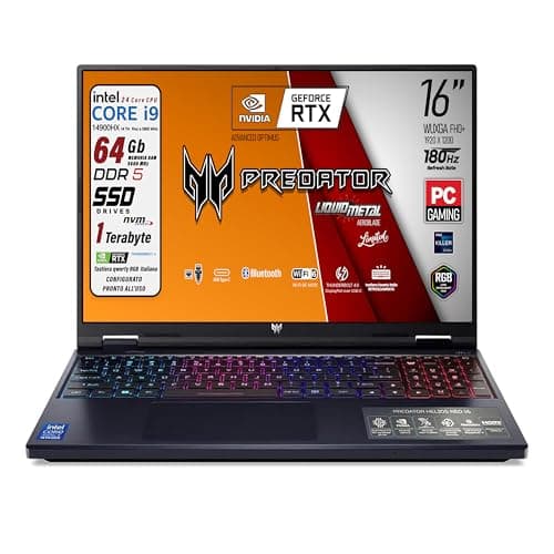 acer Predator Helios Neo Notebook Gaming, Intel Core i9-14900HX, 24core fino a 5,8 GHz, RAM 64Gb DDR5 5600MHz, SSD PCI Nvme 1Tb, Display 16" WUXGA IPS 180Hz, Nvidia RTX 4060, Win 11, Preconfigurato