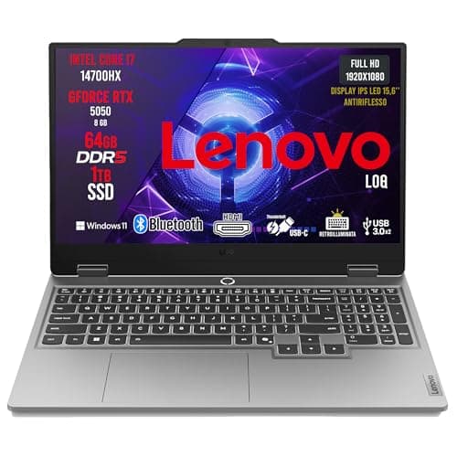 Lenovo Loq Pc Gaming Portatile i7 14700HX, 64 GB RAM DDR5, GeForce RTX 5050 8GB, SSD 1TB, Notebook Gaming Display IPS 15,6" FHD 144Hz, Laptop Gaming Tastiera Retroilluminata, Wi-Fi 6, Thunderbolt