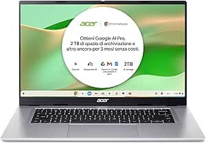 Acer Chromebook 315 | 15.6" FHD | MediaTek Kompanio 540 | 4 GB RAM DDR5 | 64 GB eMMC | Tastiera italiana QWERTY | ChromeOS | Mouse Wireless Incluso | Alimentatore Incluso