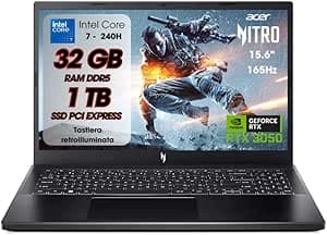 Acer Nitro V15 Pc Gaming, Notebook Gaming Cpu Intel Core 7 240H, 32GB RAM DDR5, SSD 1TB, Display 15,6" FHD IPS 165 Hz, NVIDIA GeForce RTX 3050 (6 GB GDDR6), Tastiera Retroilluminata, Pc Portatile