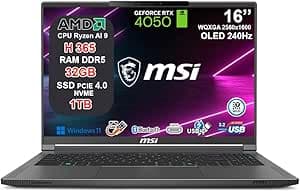 msi Creator A16 AI+ Notebook 16" OLED QHD+ 240Hz, Ryzen AI 9 H 365 10 Core fino a 5.0GHz, 32GB RAM, 1TB SSD, RTX 4050 6GB GDDR6, WiFi 7, Thunderbolt 4, Tastiera RGB, Fingerprint, 2 Anni Garanzia