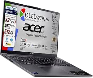 Acer Notebook, Display 16" OLED WUXGA+ 120Hz, Intel Ultra7 155U 12Core, DDR5 RAM 32Gb, SSD PCI 512Gb, Thunderbolt 40Gb/s, Tastiera retroilluminata Italiana, fingerprint, Pronto all'Uso