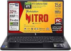 Acer Notebook Gaming Nitro, Intel Core i9-13900H, fino a 5,4GHz, NVIDIA GeForce RTX 5060 8Gb GDDR7, RAM 32Gb, SSD 1Tb, 15.6" FHD IPS 180Hz, Wi-Fi 6e, Thunderbolt 4.0, ready to use