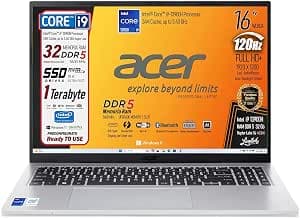 Acer Notebook Intel Core i9 13900H 13Th, RAM DDR5 32GB, SSD PCIe NVMe 1TB | Display 16" WUXGA 120Hz FHD+, 4 USB, Tastiera Retroilluminata, Wi-Fi 6, Display Port, Win 11, Libre Office, Preconfigurato