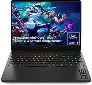 HP OMEN 16", Intel Core Ultra 7, 32GB, 1TB SSD, 2K 240 Hz, NVIDIA RTX 5060 | FreeDOS, Notebook HP 16-am0011sl, Per Gamer, Cretaor e Streamer, 500 Nits, Tastiera Italiana, RGB, Portatile, QWERTY, Nero