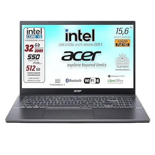 Acer, Pc portatile notebook, Core i5 13Th 10 Core, fino a 4,6 Ghz, Ram 32 Gb DDR5, SSD PCI 512 Gb, Display 15,6" FHD, Win 11 Pro, Tastiera retroilluminata, Preconfigurato, garanzia Italia