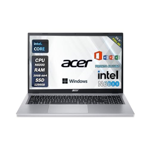 Acer aspire 3 | Pc portatile, intel core N6000 | Ram 20 GB ddr4 | SSHD 1256 GB | Silver | Display 15.6" FHD | BT | WiFi | Windows 11 Pro | Pacchetto Office Pro | Computer portatile Notebook